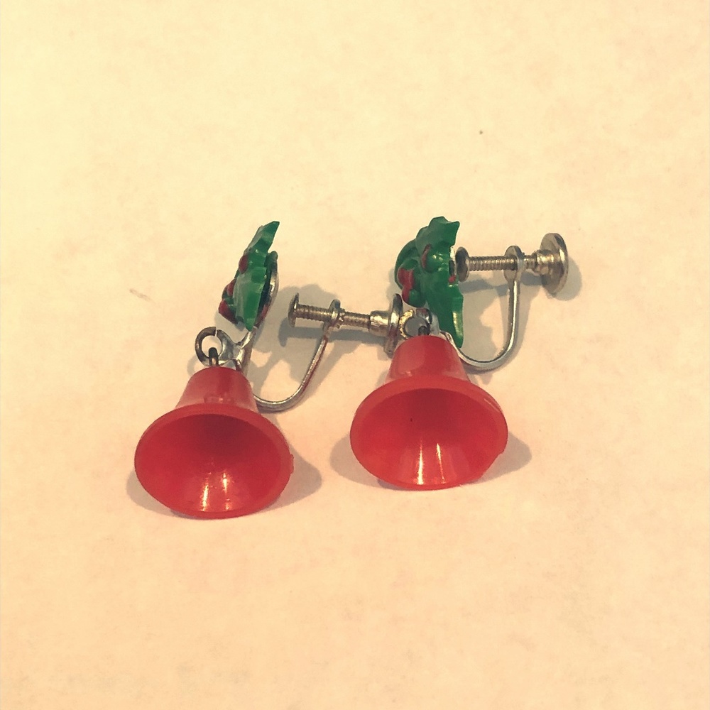 Vintage red bell non-pierced silver earrings